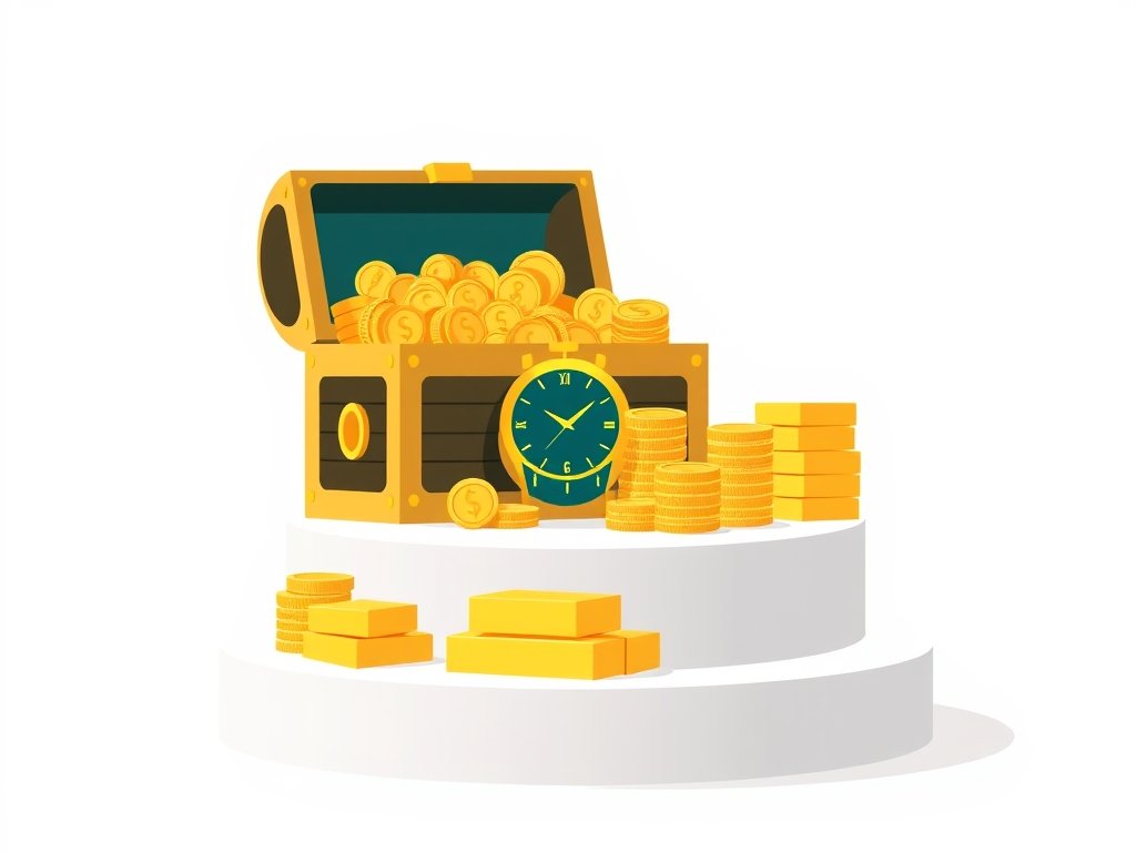 Gouden schatkist met munten, luxe horloge en goudstaven.