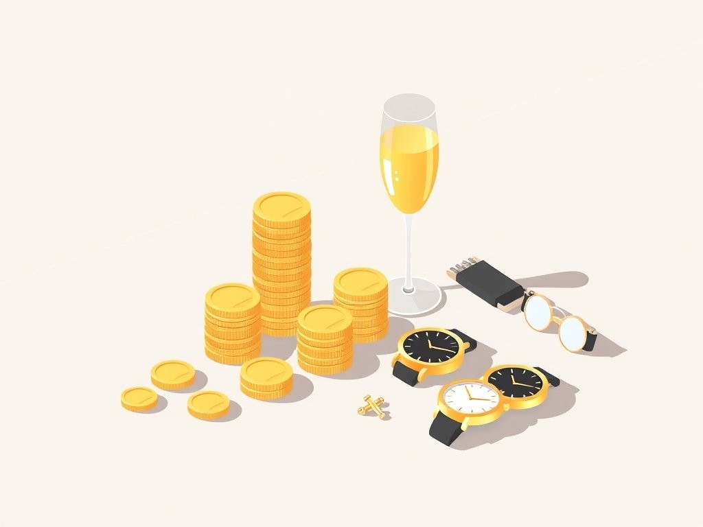 Opgestapelde gouden munten naast champagneglazen en luxe accessoires als symbool van vermogen.