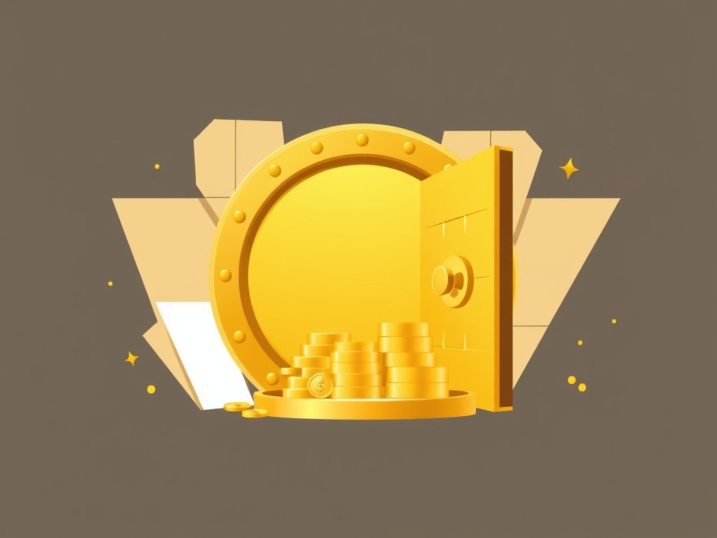 Gouden kluisdeur met glanzende goudstaven en munten in een minimalistische stijl.