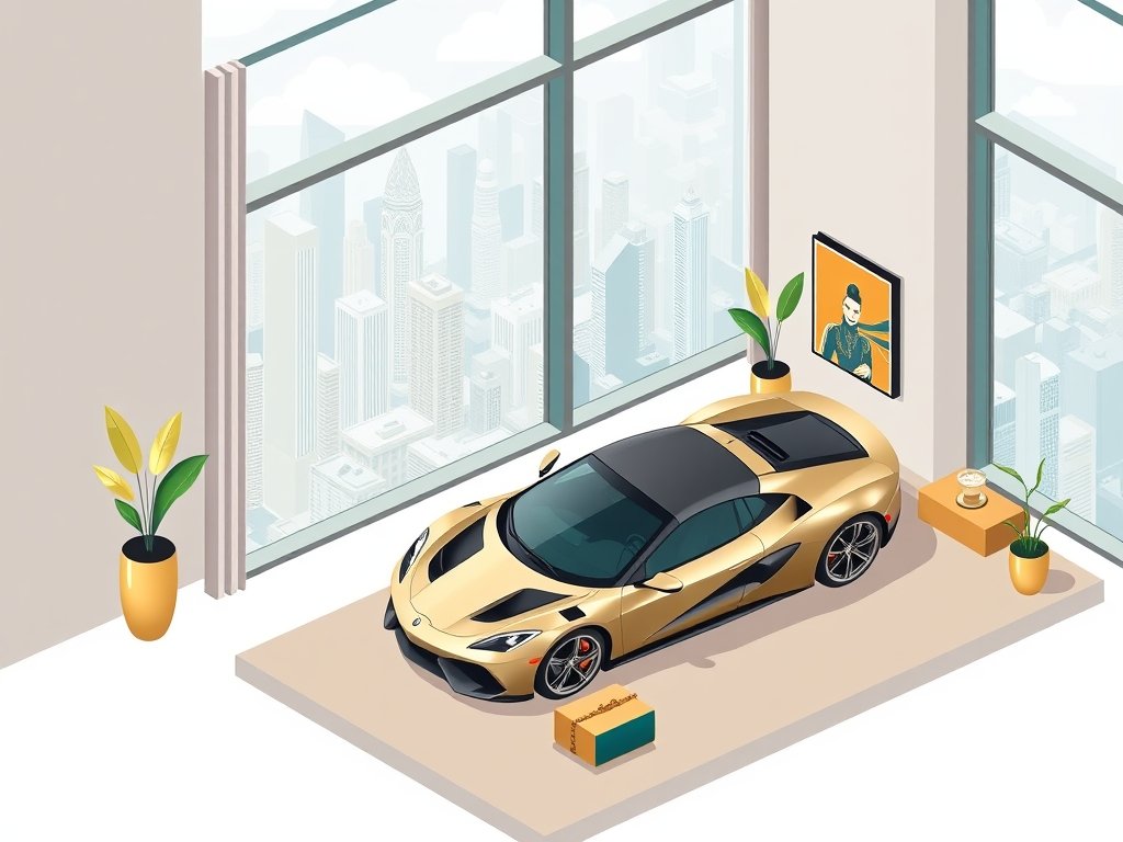 Moderne penthouse met uitzicht op skyline, sportwagen en gouden accessoires die rijkdom symboliseren bij Ali B vermogen.