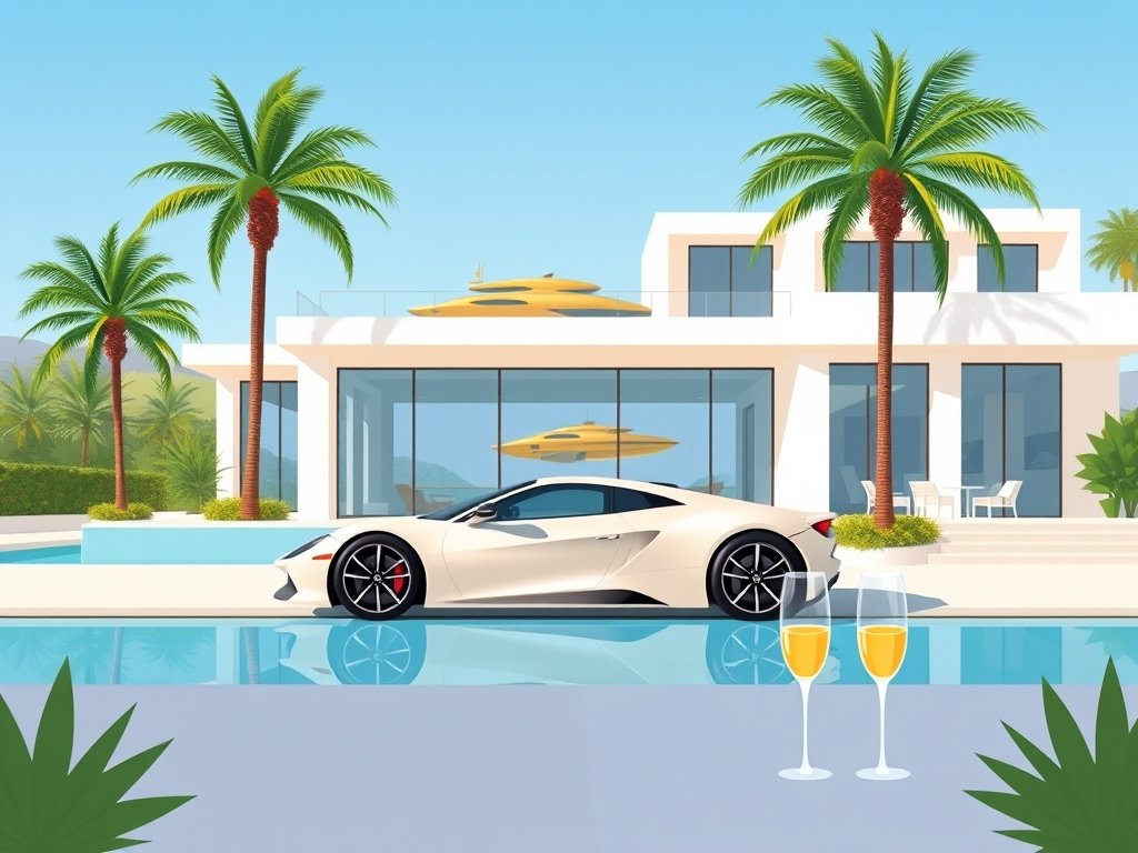 Luxe moderne villa met sportwagen, palmbomen en gouden jacht in de verte passend bij Sarah van Soelen vermogen.