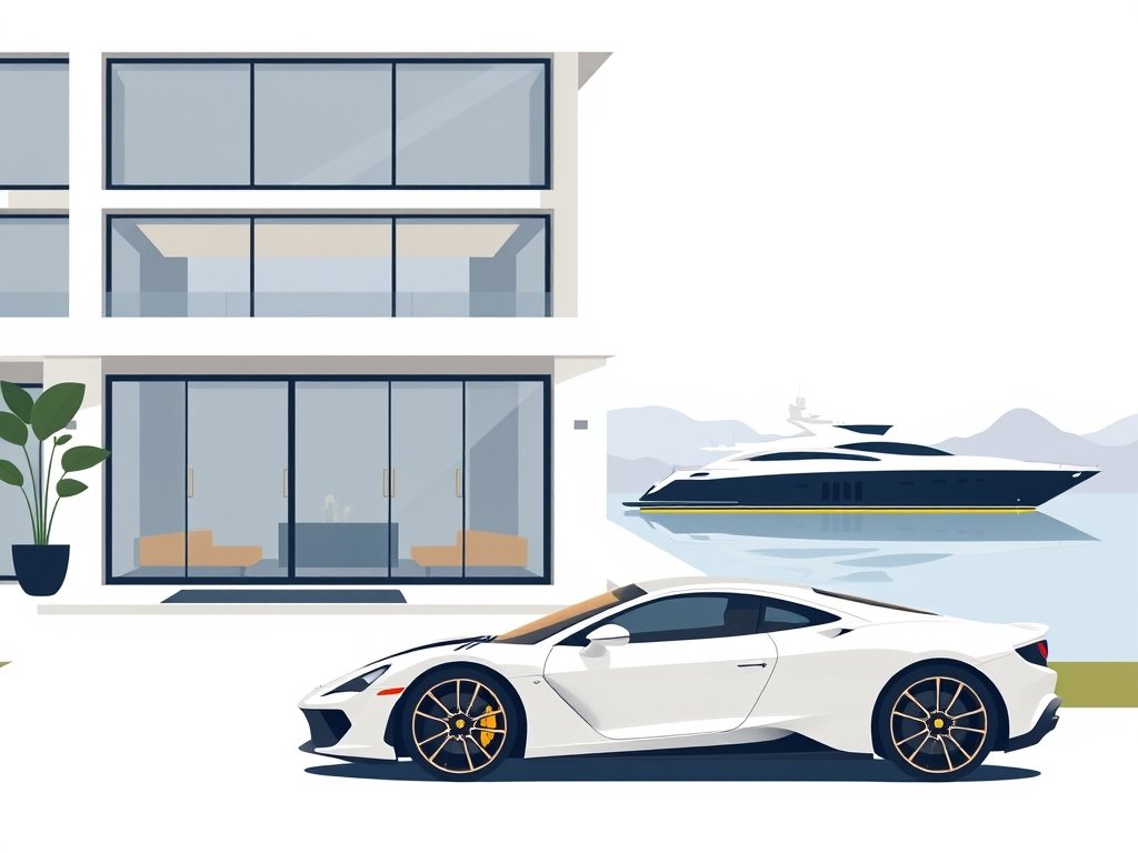 Moderne luxe villa met sportwagen en jacht in minimalistische stijl passend bij Janny van der Heijden vermogen.
