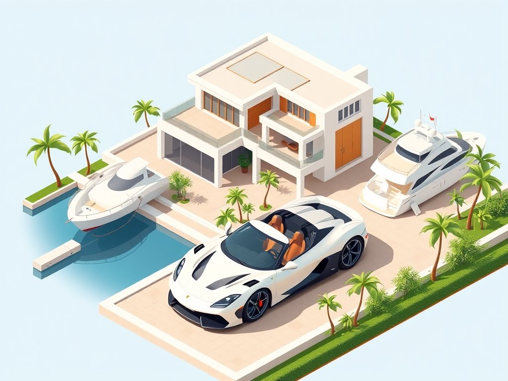 Moderne luxe villa met sportwagen en jacht in een rustige omgeving passend bij Leontine Borsato vermogen.