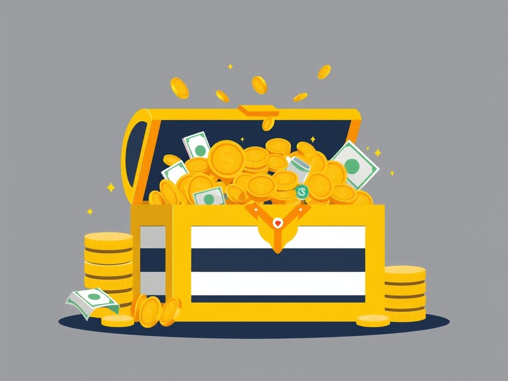 Gestileerde goudkleurige schatkist met munten en juwelen als symbool voor vermogen van Nicoline Kelder.