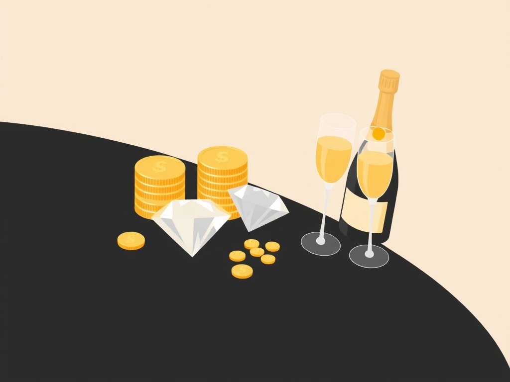 Gestapelde gouden munten, diamant en champagne in een minimalistisch design.