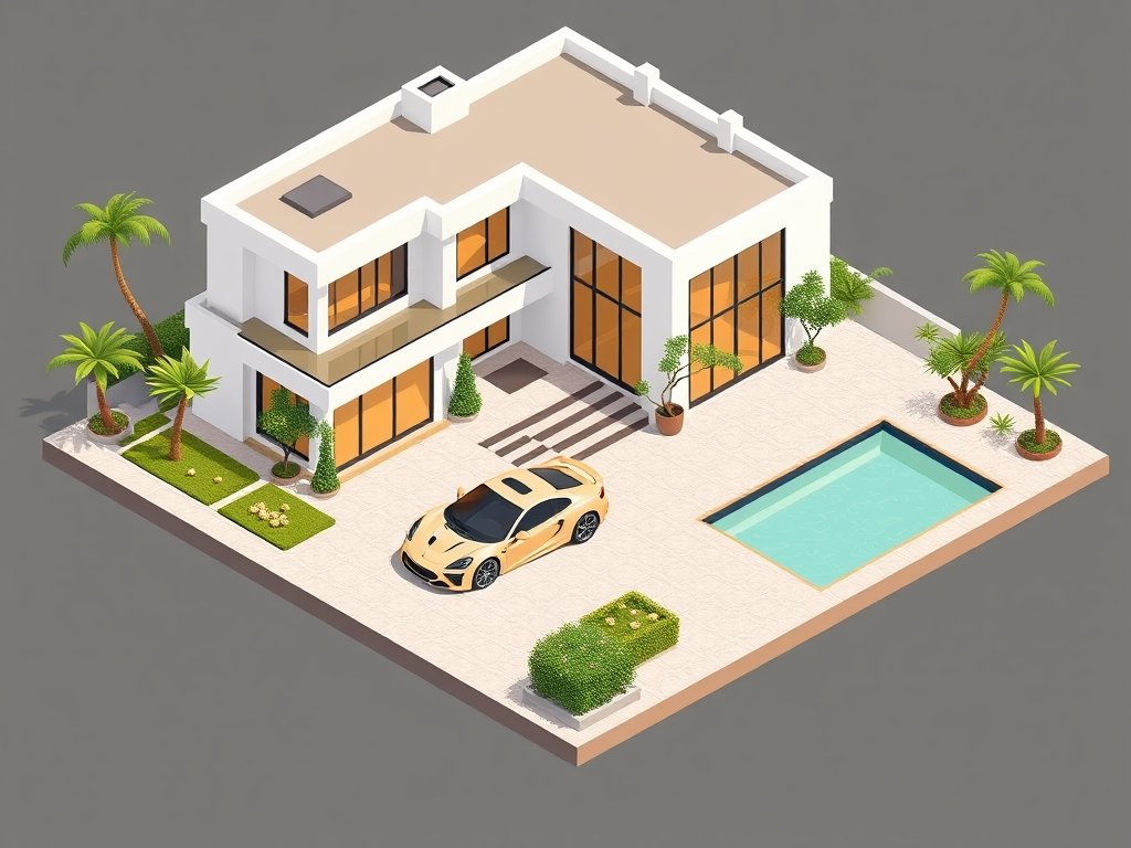 Luxueuze villa met sportwagen, tuin en zwembad die vermogen vertegenwoordigen.