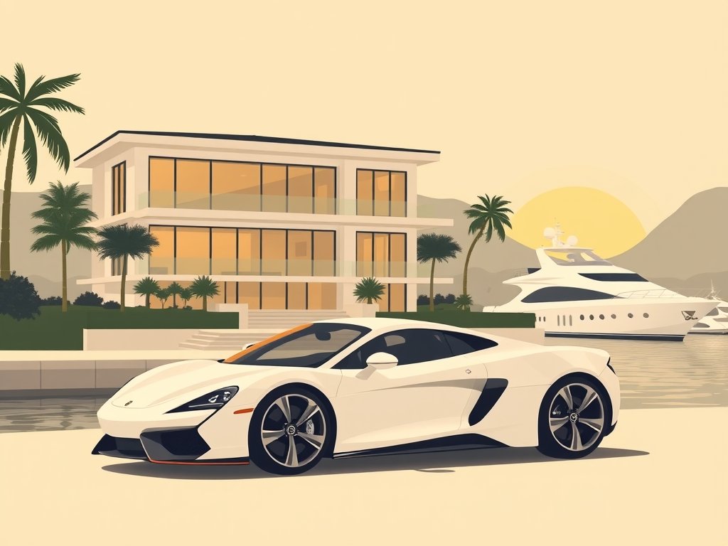 Moderne luxe villa met een sportwagen en een jacht in een rustige haven bij zonsondergang.
