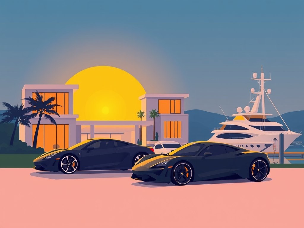 Luxueuze villa met sportwagen en jacht in een marina bij zonsondergang passend bij Jan Smit vermogen.