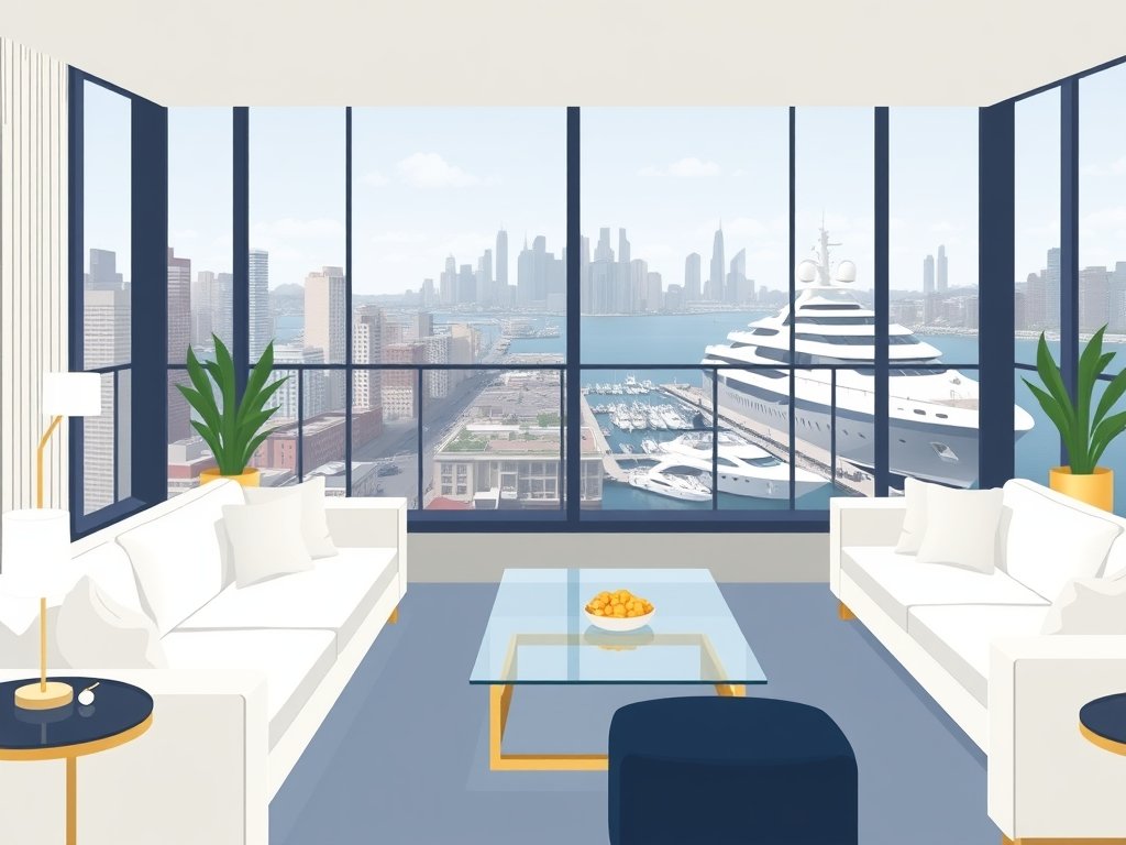 Luxueus penthouse interieur met grote ramen en uitzicht op een jachthaven en stadsachtergrond passend bij Viola Holt vermogen.