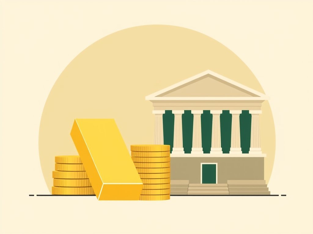 Goudstaven, munten en een bankgebouw als conceptuele symbolen van vermogen.