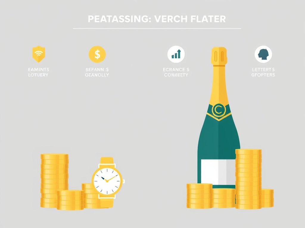 Gouden munten, champagnefles en horloge symboliseren vermogen en rijkdom.