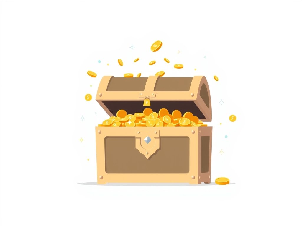 Schatkist met gouden munten en sieraden als symbool voor vermogen.