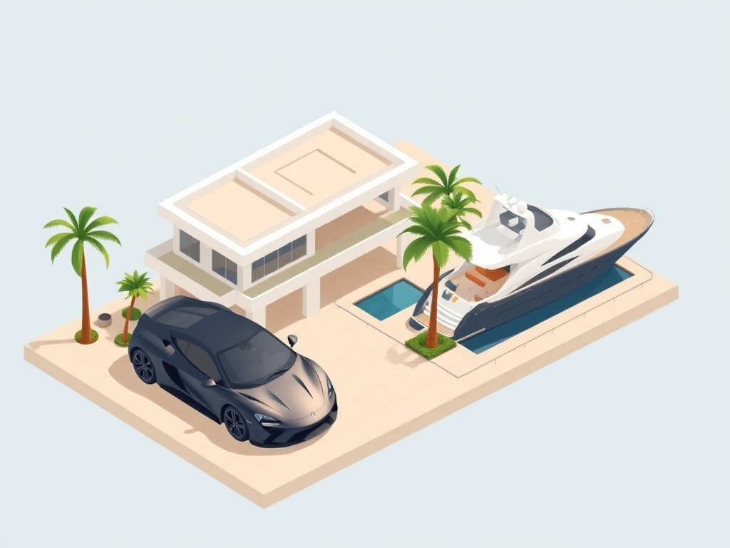 Isometrische illustratie van een luxe villa met sportwagen en jacht in een exclusieve omgeving bij Jacobien Schumacher vermogen.