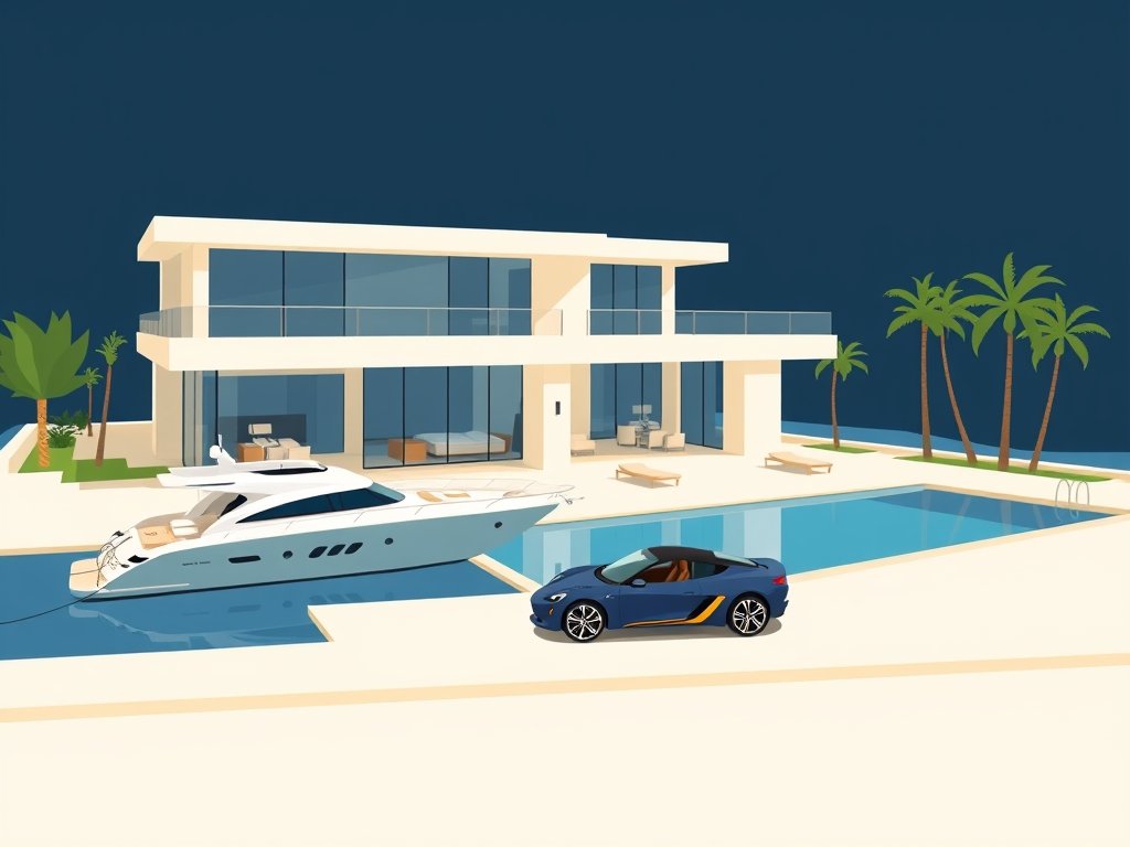 Moderne luxe villa met jacht, sportwagen en zwembad in minimalistische stijl passend bij Monica Geuze vermogen.