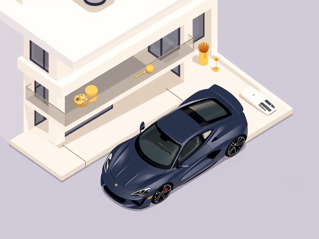 Luxe moderne villa met sportwagen en jacht in een minimalistisch kleurenpalet passend bij Dyantha Brooks vermogen.