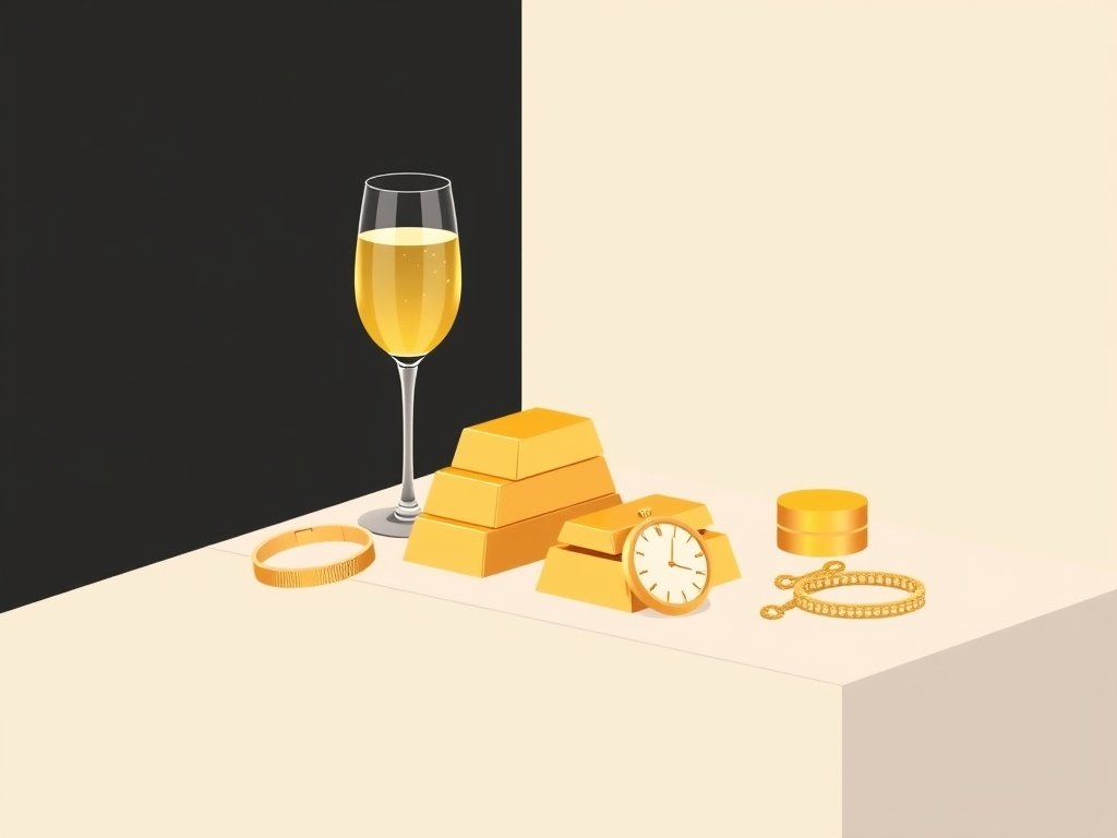 Stapels goud, champagneglazen, gouden horloge en sieraden als symbool voor Kelly Piquet vermogen.