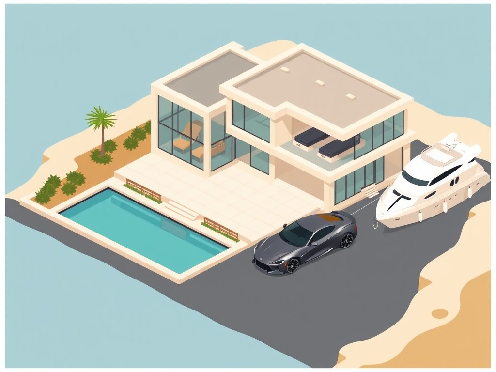 Luxe villa met sportwagen en jacht in een rustige kustomgeving passend bij Monique Westenberg vermogen.