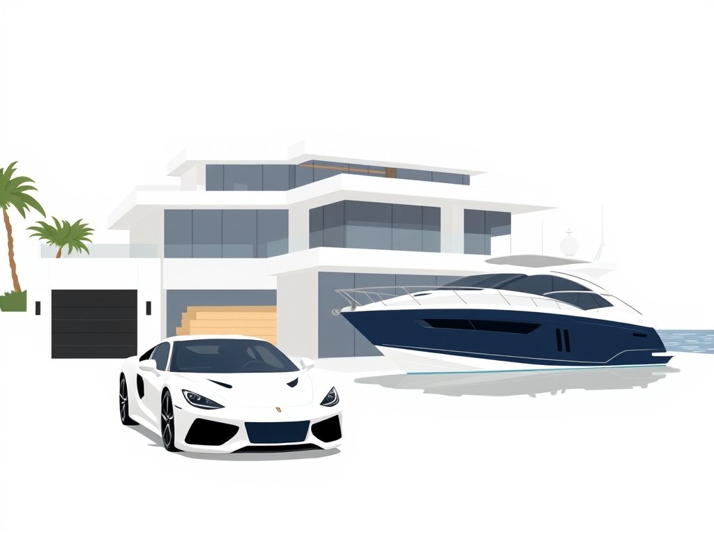 Exclusieve villa met sportwagen en jacht in minimalistische stijl passend bij Estelle Cruijff vermogen.