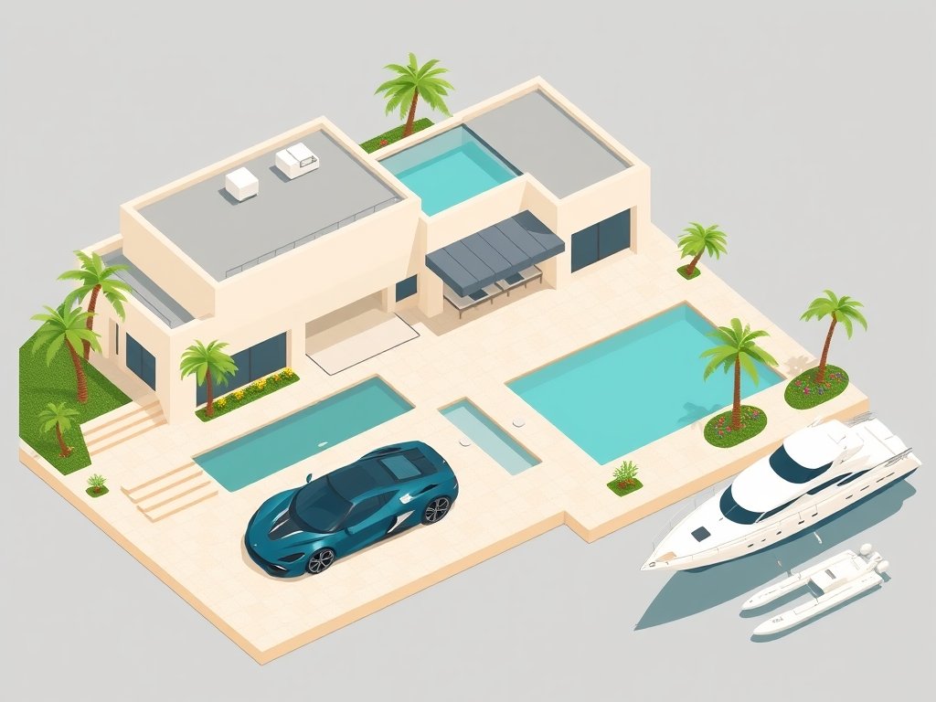 Luxueuze villa met sportwagen en jacht in een verzorgd groene omgeving passend bij Ramona Koonings vermogen.
