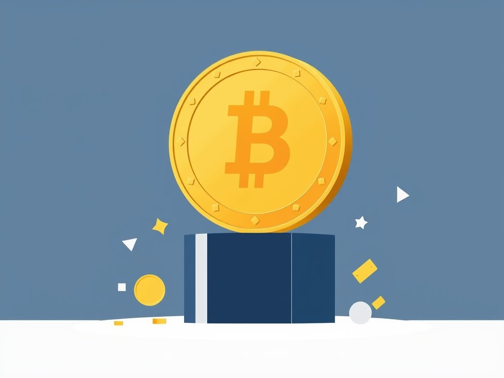 Gouden munt op een abstract voetstuk met geometrische vormen die rijkdom symboliseren.