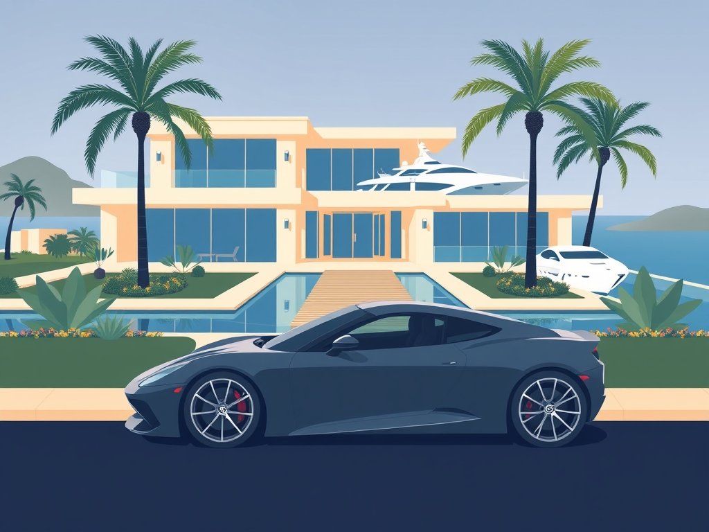 Luxueuze moderne villa met sportwagen en jacht aan het water in hoogwaardige stijl passend bij Andy van der Meijde vermogen.