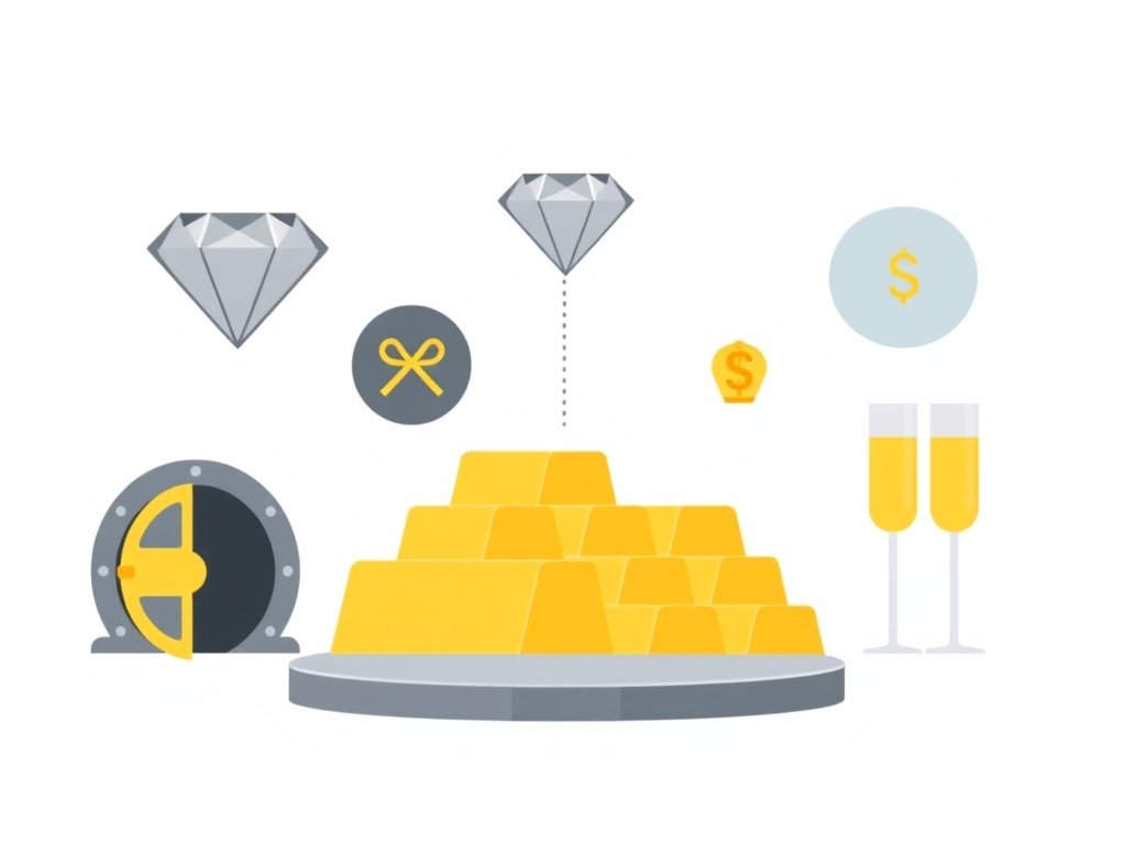 Symbolen van rijkdom zoals gouden staven, diamant en een kluis die Ruud Gillis vermogen representeren.