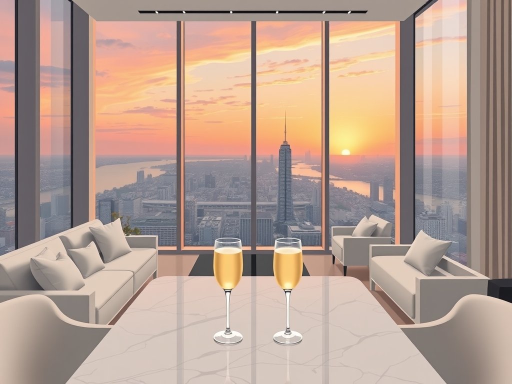 Moderne luxe penthouse met uitzicht over stad, gouden accenten en champagne op tafel passend bij Taylor Swift vermogen.